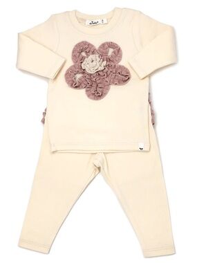 Oh Baby! Matching Set Tan Flower Appliqué 0-3 Months Baby Girl